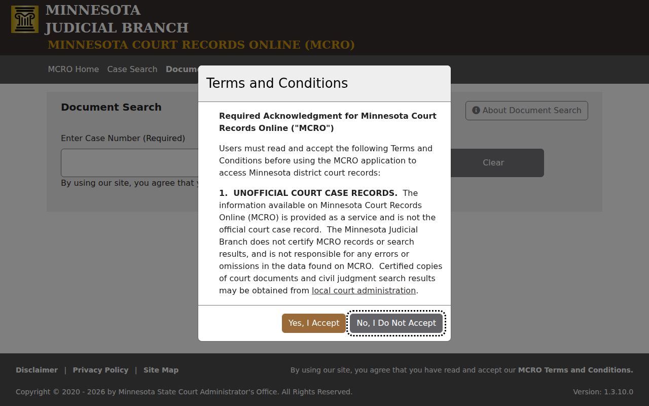 Becker County civil dockets MCRO Document Search field
