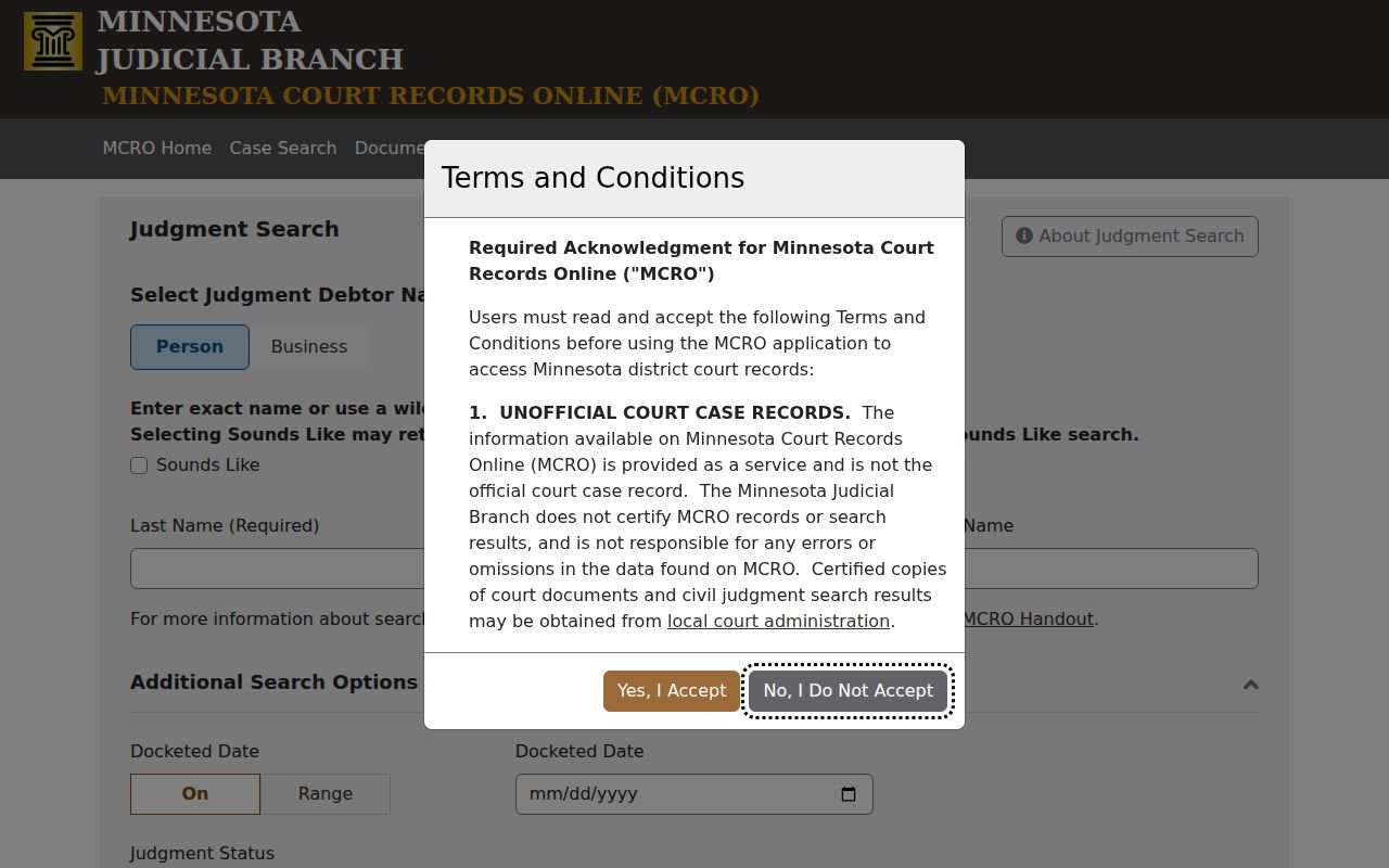Becker County civil dockets MCRO Judgment Search interface