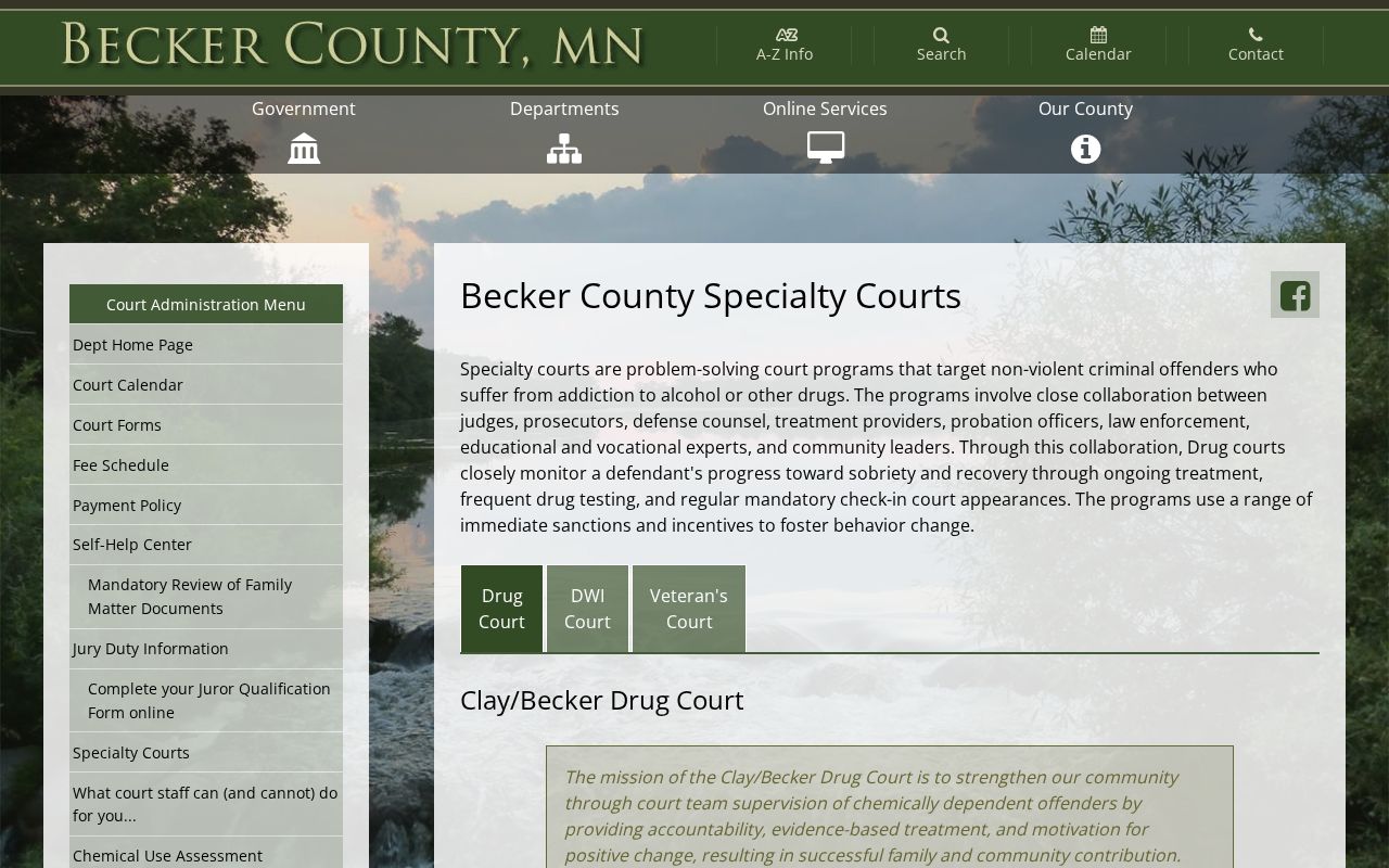 Becker County criminal dockets specialty court information