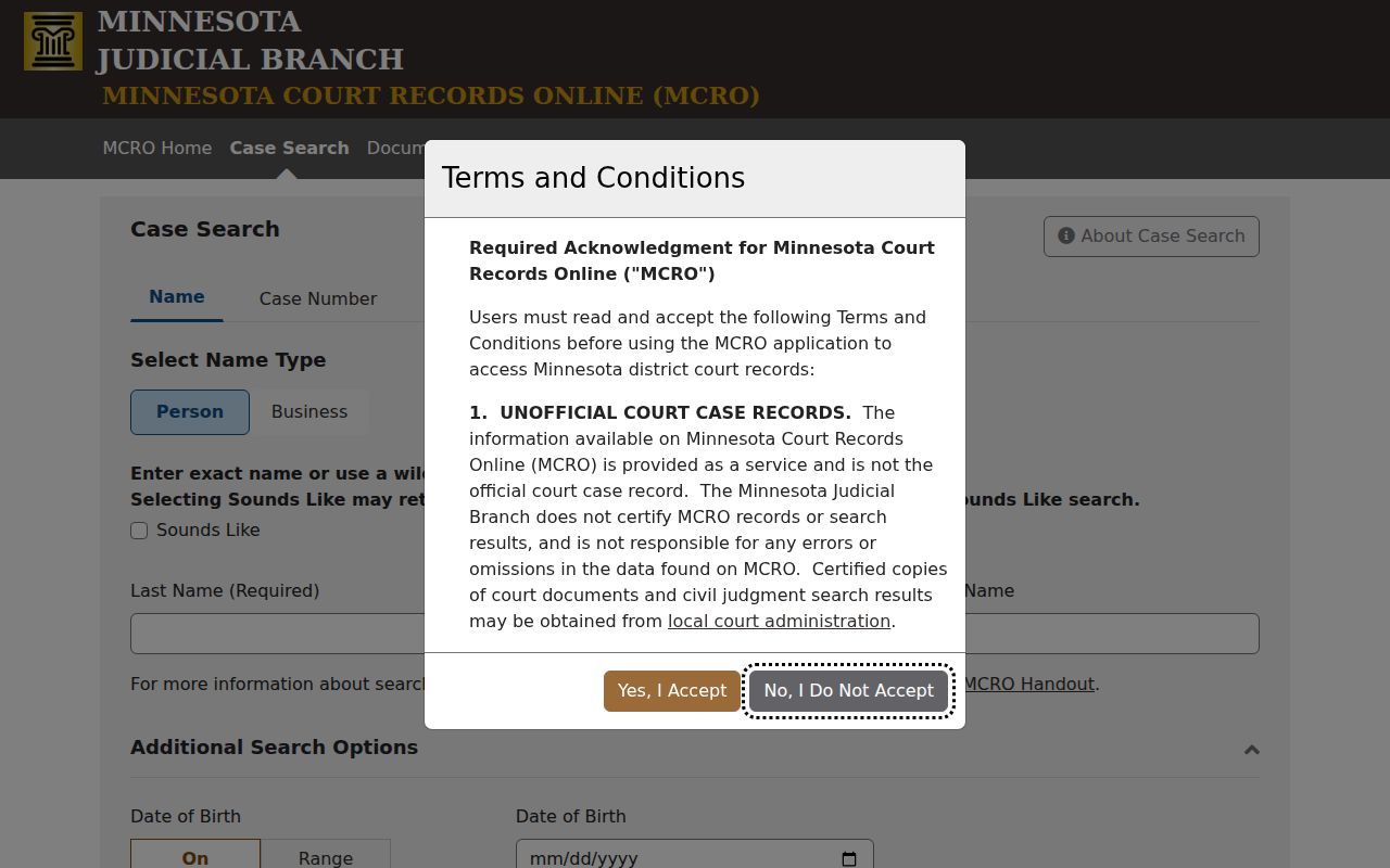 Becker County criminal dockets MCRO Case Search interface