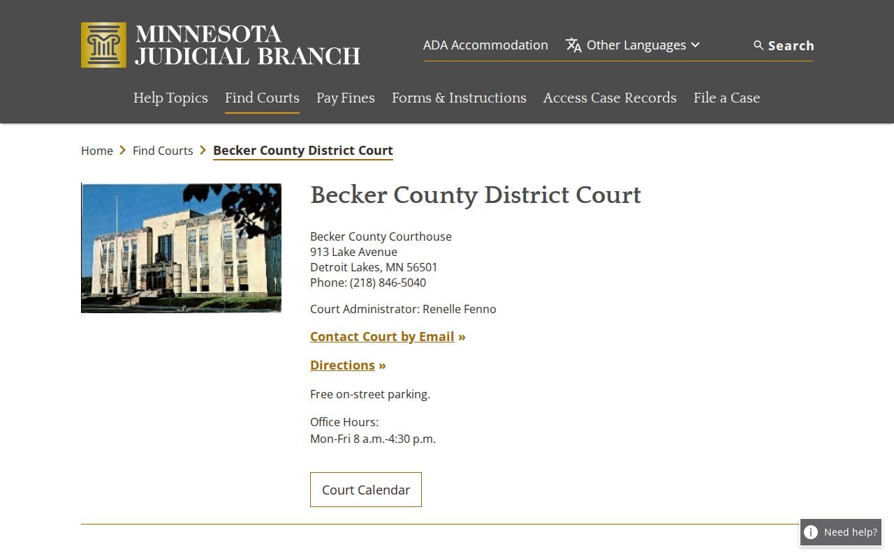 Becker County court docket District Court access page