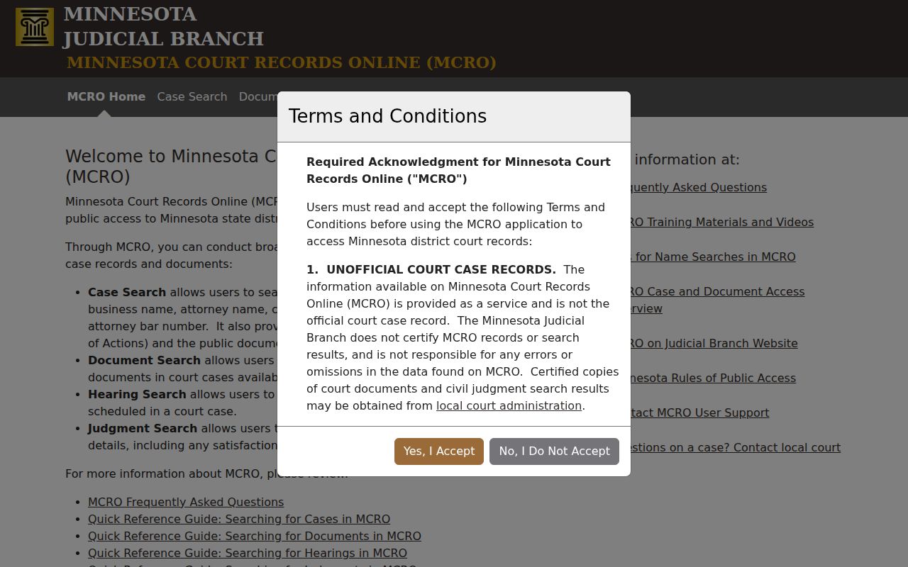 Becker County court docket MCRO public search landing page